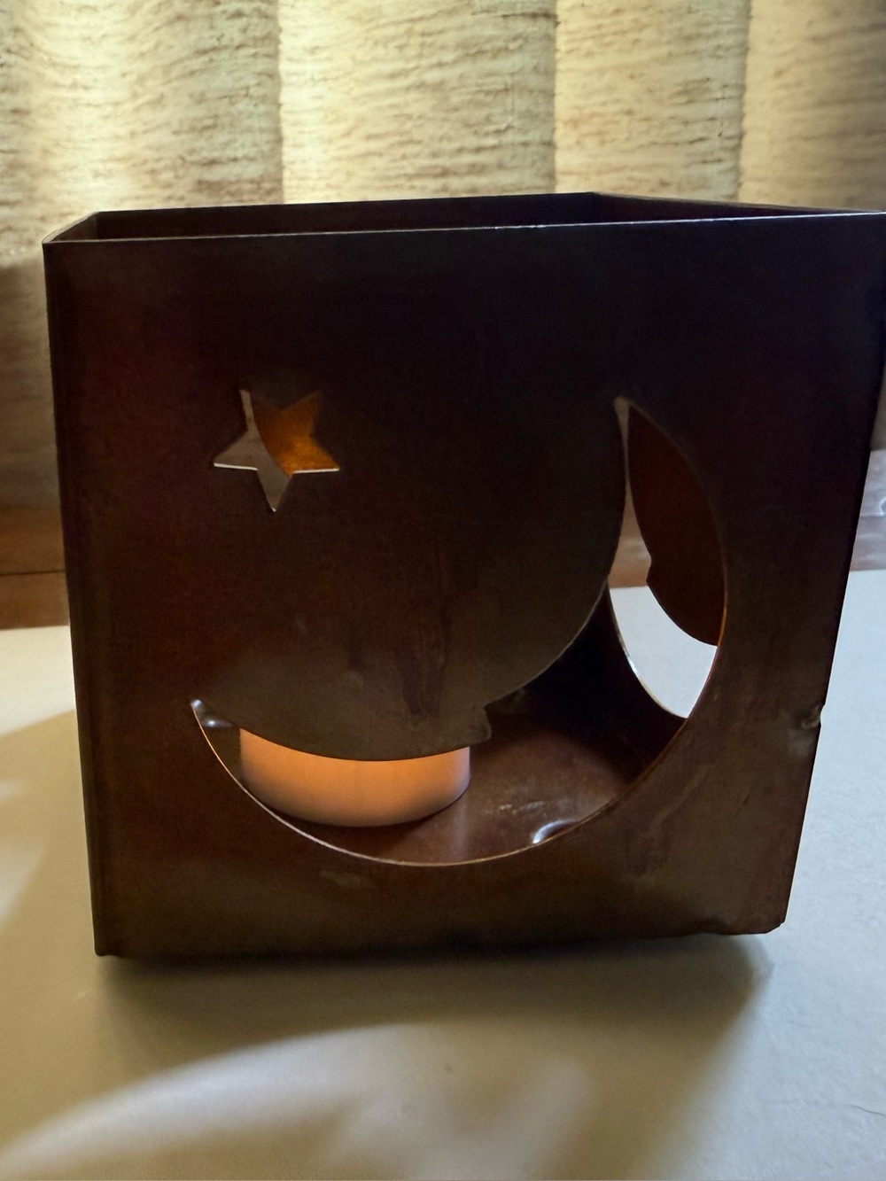 Rust Brown Moon & Star Metal Tea Light Lantern